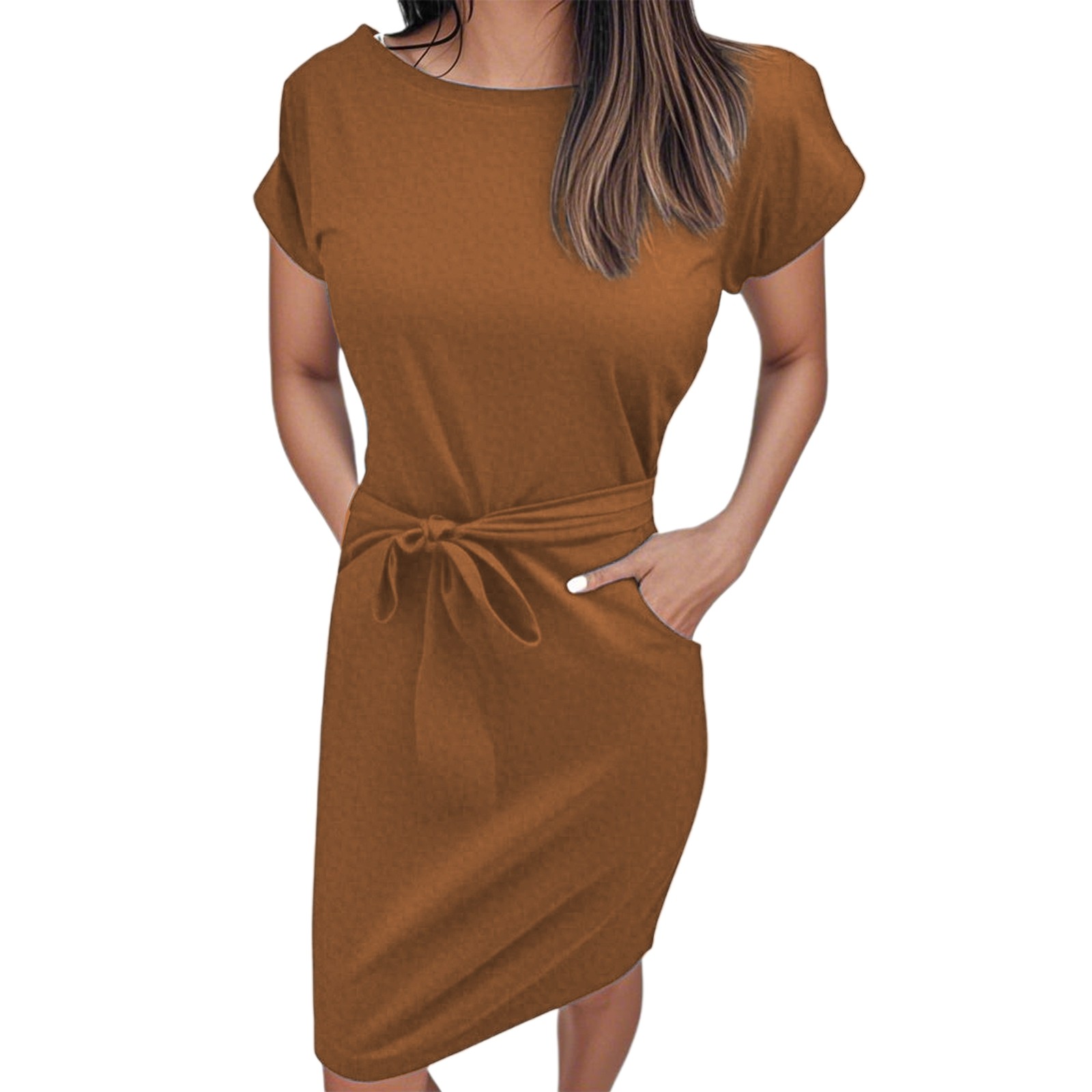 thumbnail image 2 of Vestido de verano para mujer con cinturón: manga corta, informal/para salir, fácil de cuidar, versátil para diversas ocasiones., 2 of 6